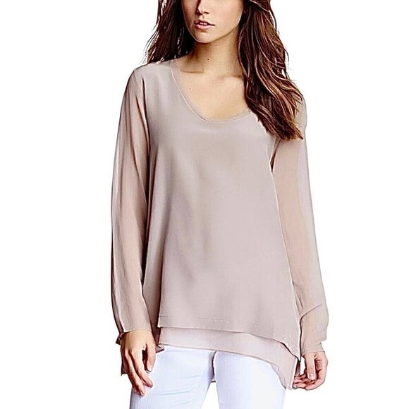 NWT Gold Hawk Tunic Top Sz.L Tan Taupe 100% Silk Chiffon Scoop Neck Long Sleeve - Picture 1 of 11